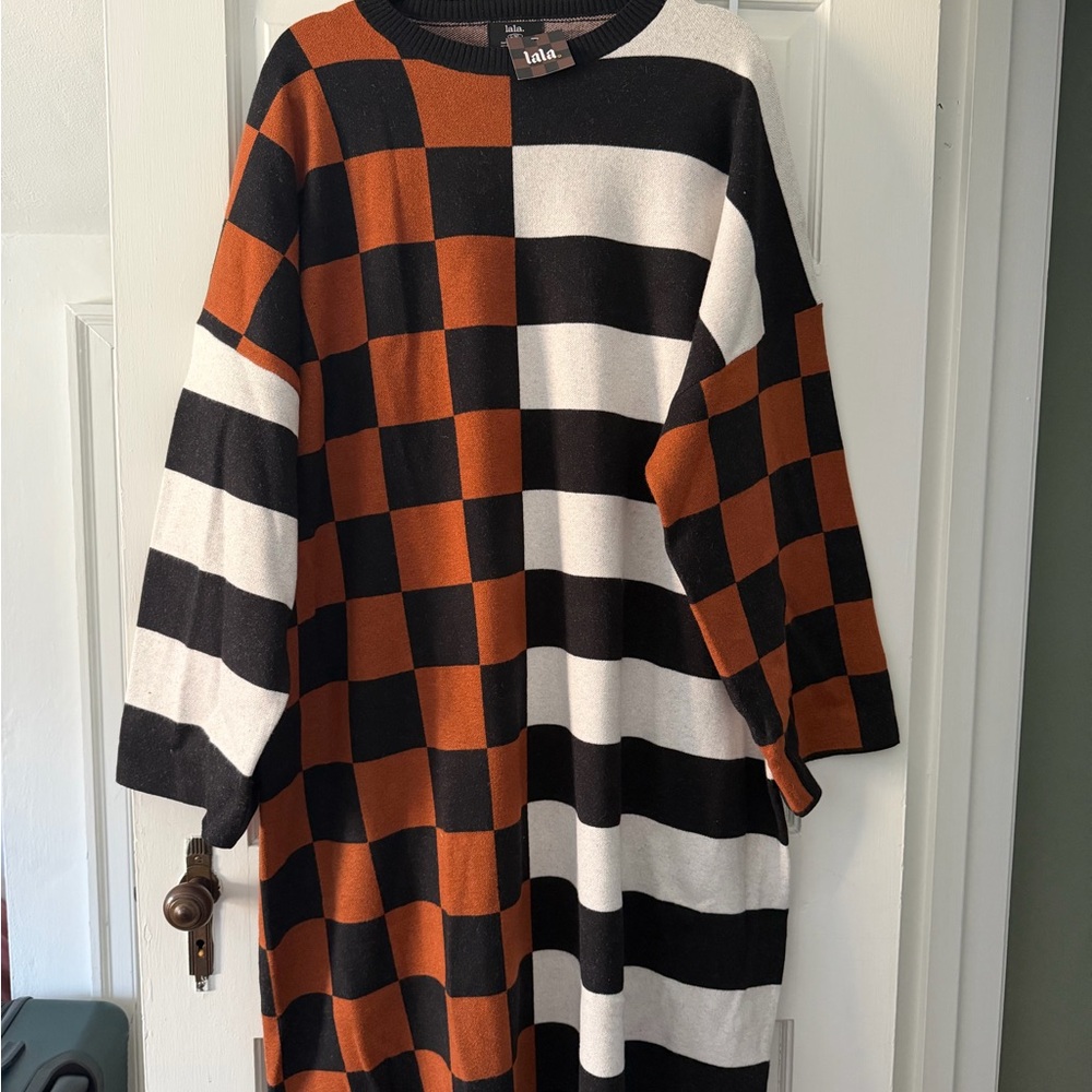 Dressed in LALA Oversized Checker & Stripe Dress in Orange, Black, White